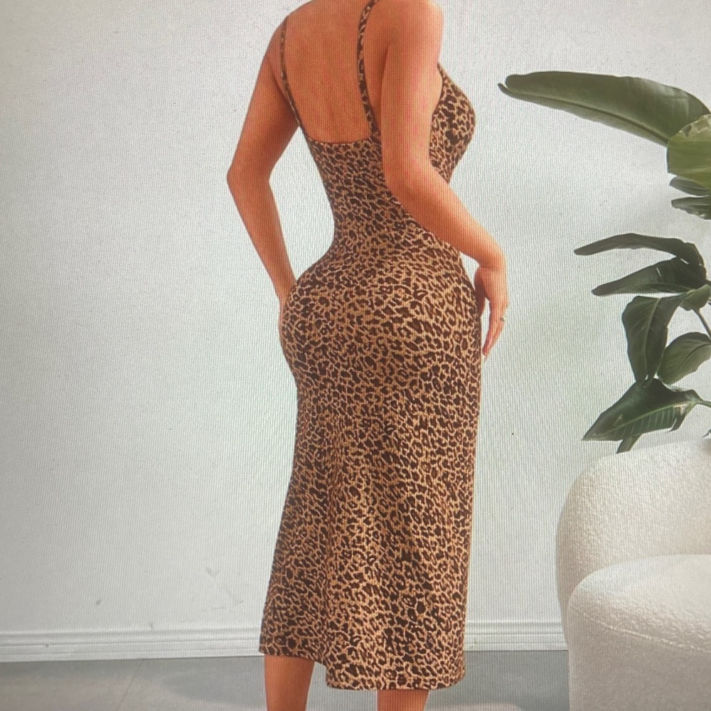 Leopard Print Spaghetti Strap Midi Dress - Brown - Picture 3 of 3